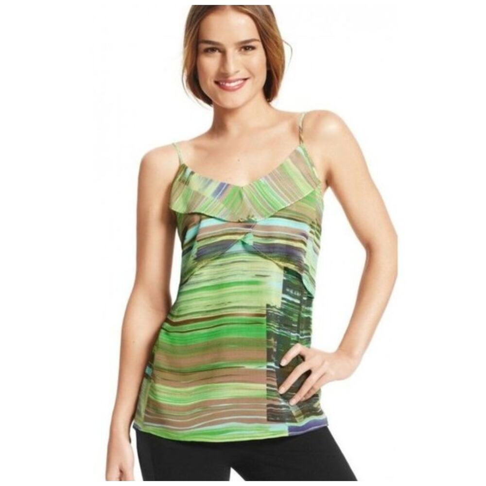 CAbi Green Abstract Print Ruffle Cami Blouse Size Small Flowy Sheer Layered Tank